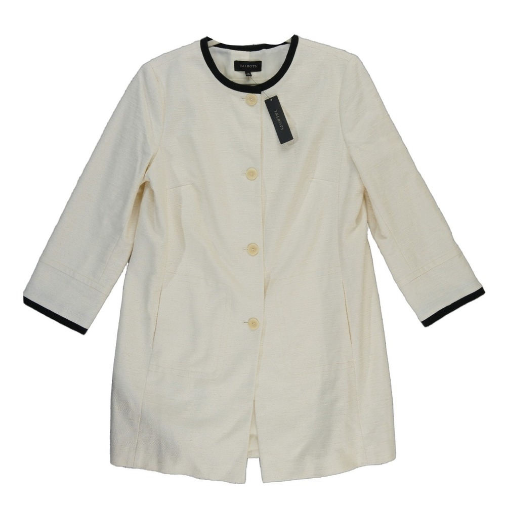NWT Talbots Topper Walking Coat Women's Size 14 Ivory Black Trim Button Front